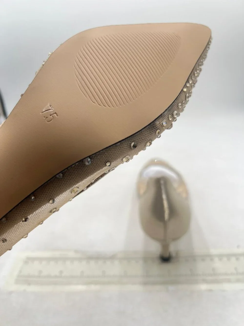 XYD Champagne Closed Toe Slip On Graceful Mesh Pumps Rhinestone Studs Shoes